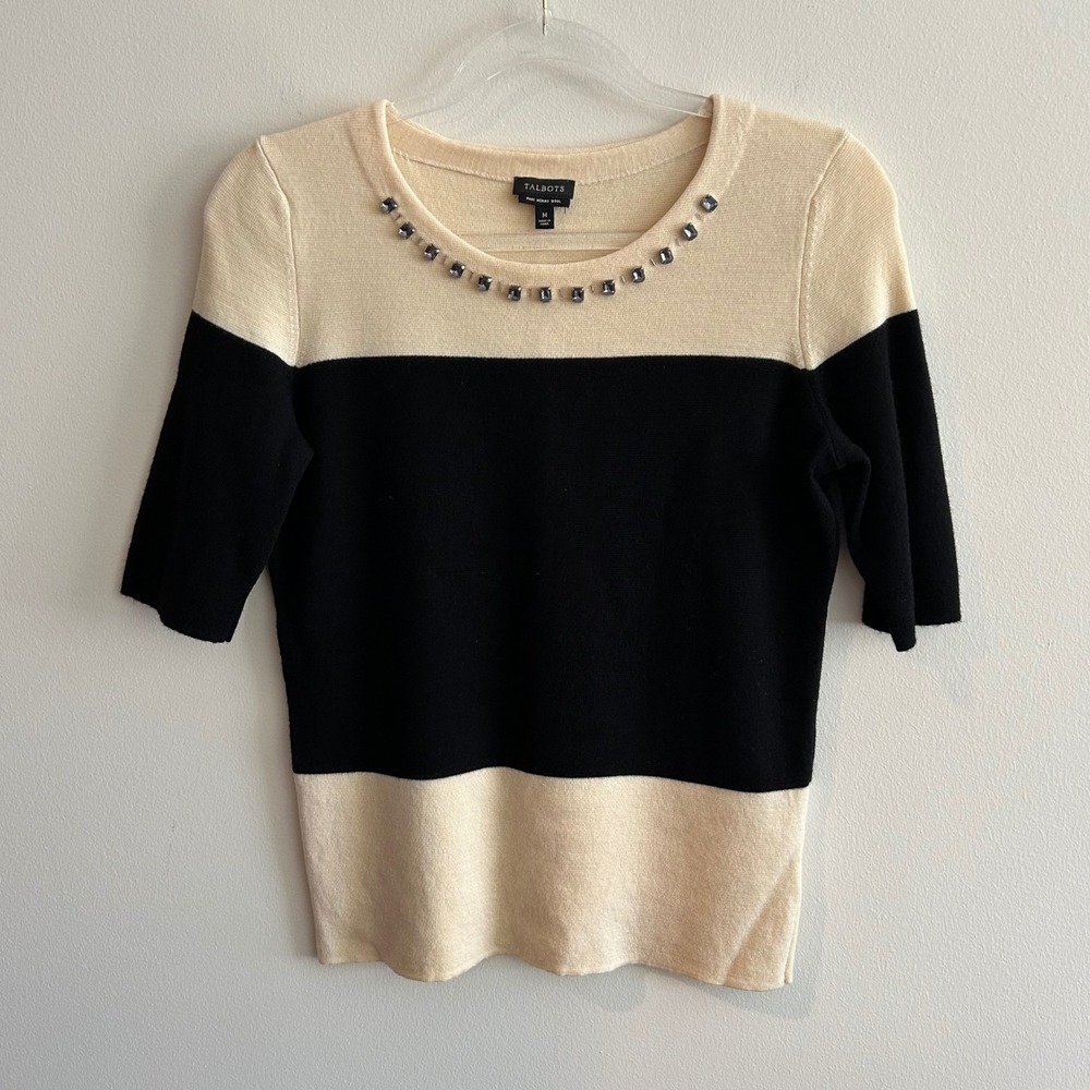 Talbots Sweater Black Cream M Merino Wool Colorblock Rhinestone Short Sleeve